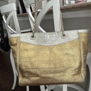 Tory Burch Metallic Gold Silver Logo Tote Handbag